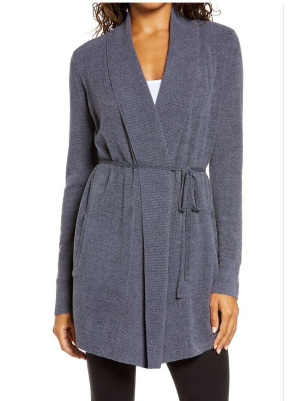 Barefoot Dreams CozyChic Ultra Lite Knit Open Cardigan Sweater Tie Waist